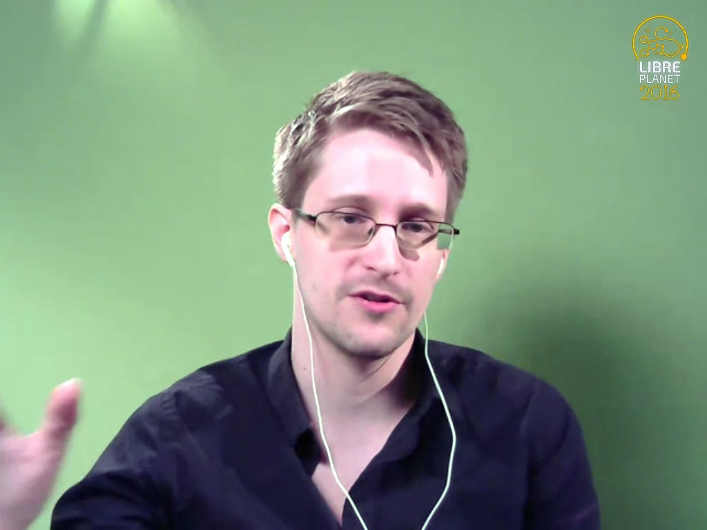Photo of Edward Snowden speaking at LibrePlanet 2016